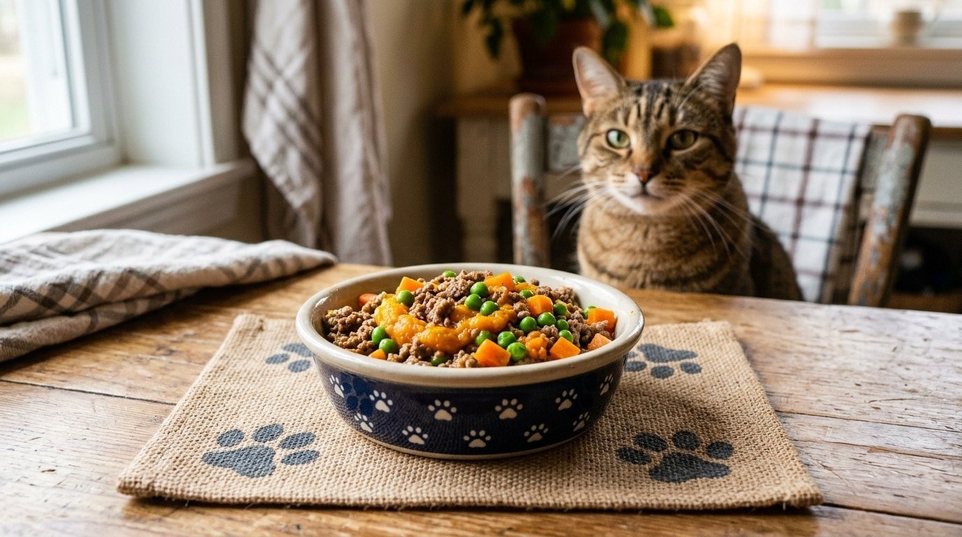 A bowl of homemade beef and pumpkin cat food with visible peas and carrots, ready to be served to a cat.