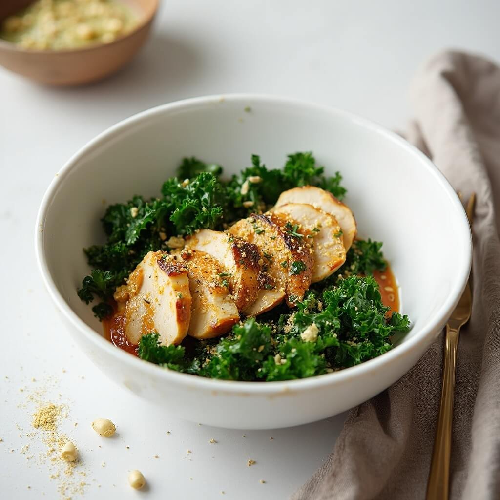 Minced kale and poached chicken mixed in a white ceramic bowl with a fish oil capsule and taurine powder nearby