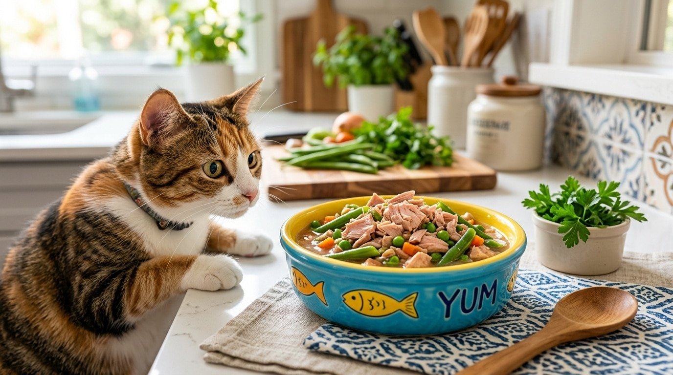 A bowl of homemade tuna and green bean meal for cats, with a curious cat nearby.