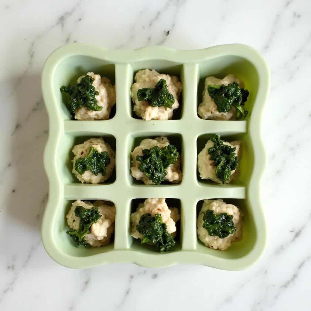 Silicone ice cube tray filled with green-flecked chicken and kale topper portions on a marble countertop