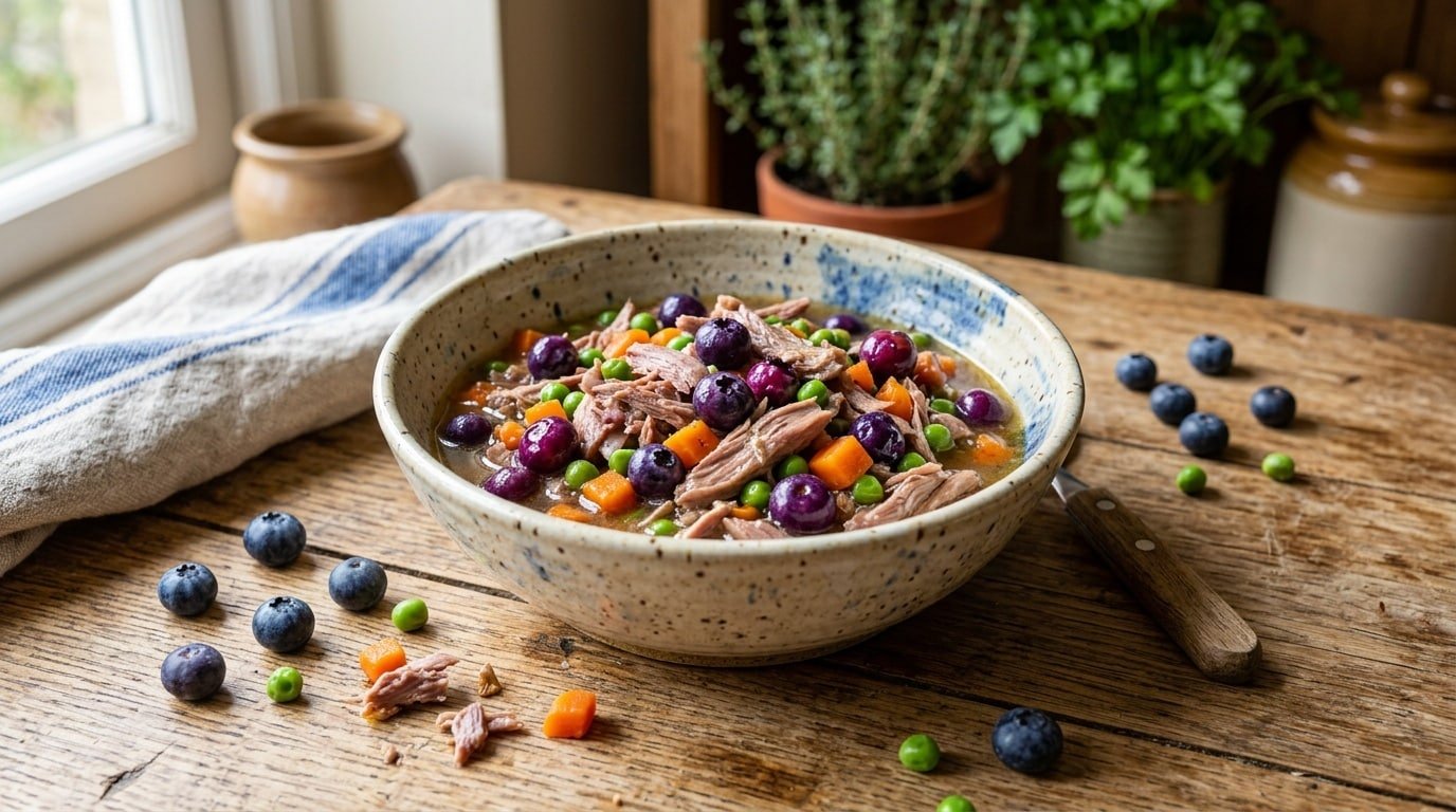 A nutritious bowl of duck and blueberry cat food with vegetables, on a rustic table.