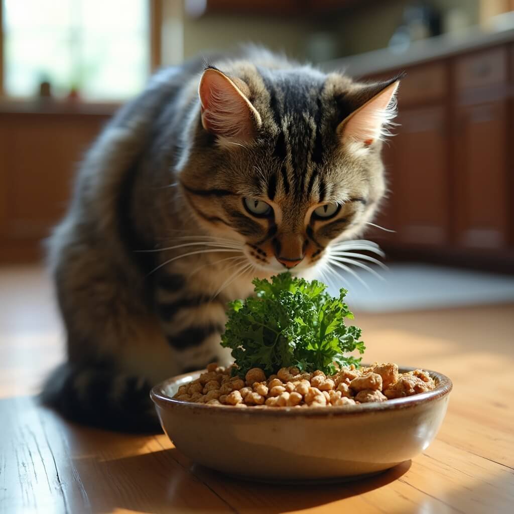 Tabby cat eating kibble topped with homemade chicken and kale from a ceramic bowl on a kitchen floor in soft window light