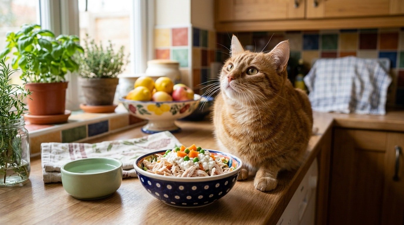 A nutritious Chicken & Cottage Cheese Protein Bowl for cats, featuring shredded chicken, cottage cheese, and chopped vegetables on a kitchen countertop.