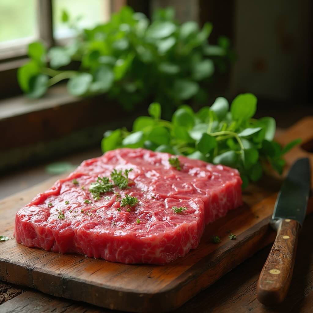 Raw beef liver and spinach on a rustic wooden cutting board with fresh greens and a digital scale in natural window light