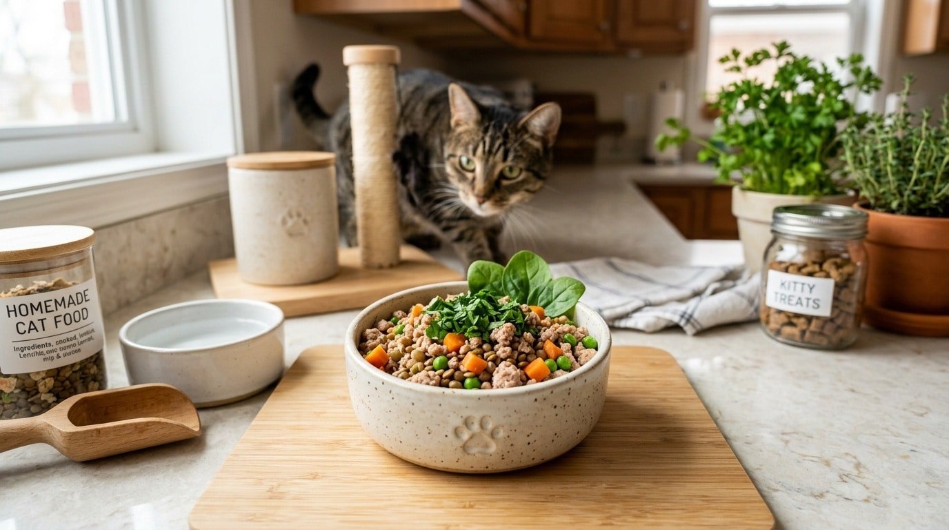Bowl of homemade turkey and lentil cat food with visible vegetables on a countertop.