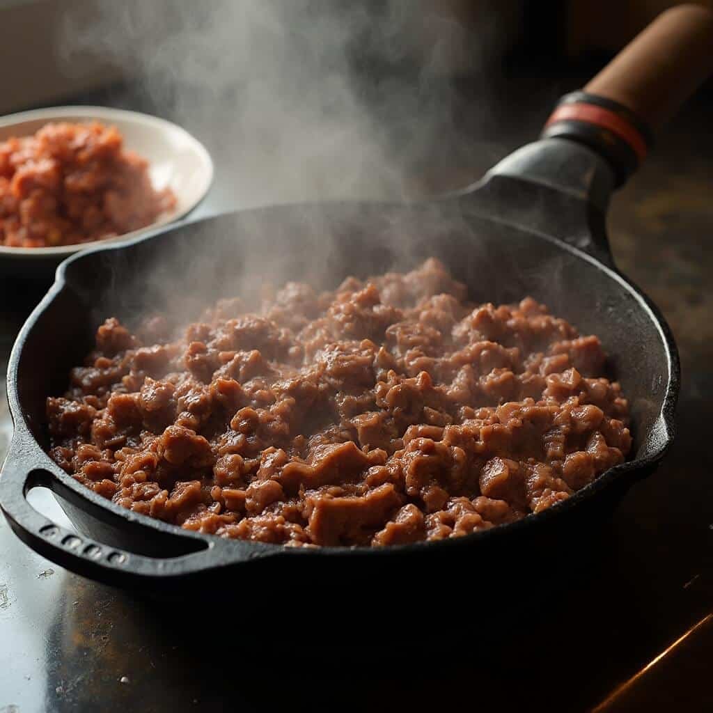 Ground beef crumbles browning in a cast-iron skillet with minced liver on the side, steam rising in an overhead kitchen shot.