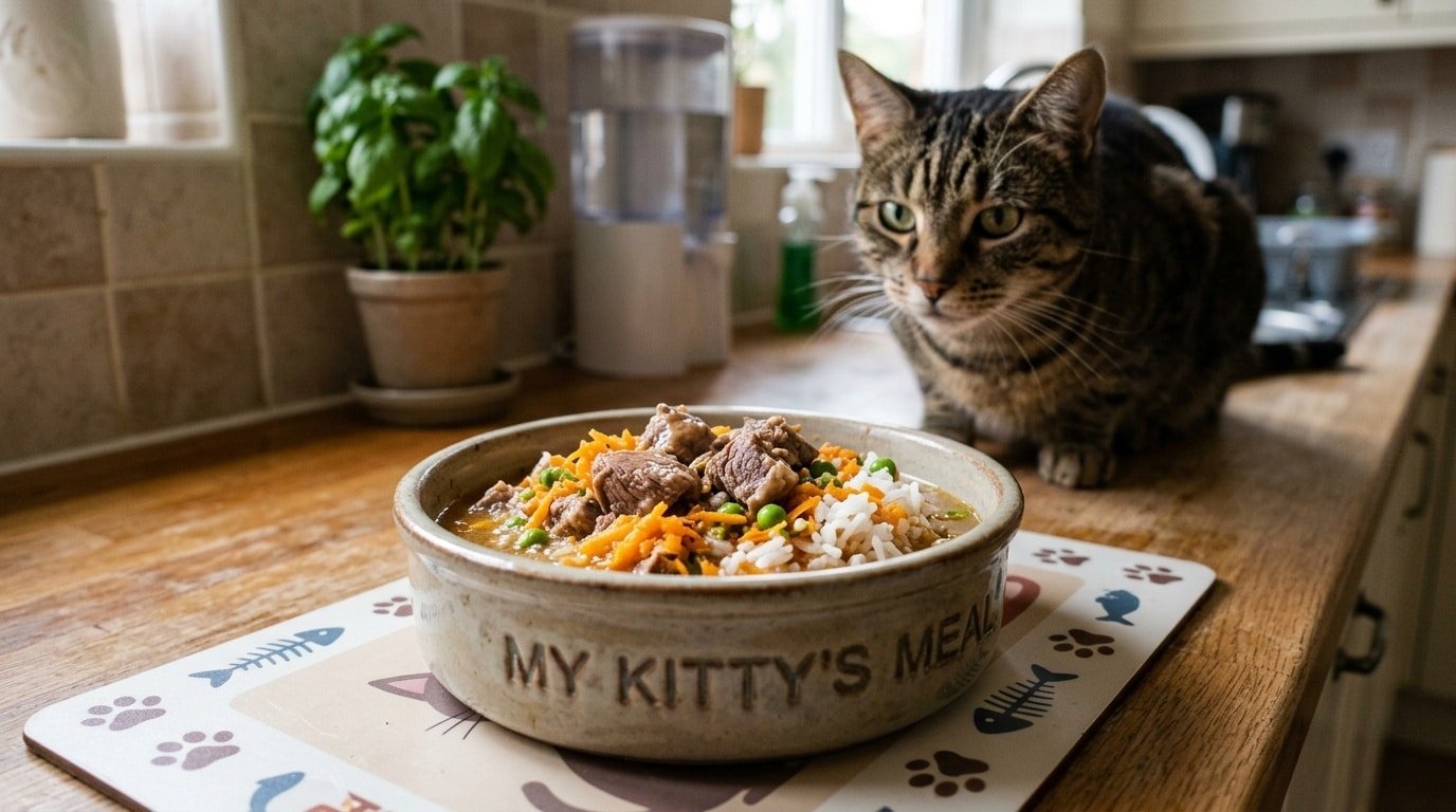 A nutritious lamb and rice meal for cats with carrots and peas in a bowl, ready to be served.