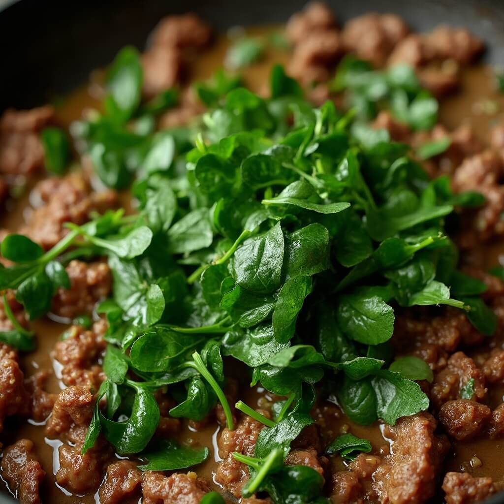 Close-up of bright green chopped spinach wilting into a glossy cooked beef and liver mixture in a skillet.
