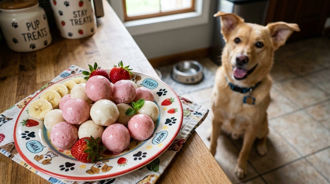 Frozen strawberry banana balls for dogs on a colorful dish, with fresh strawberries and banana slices.