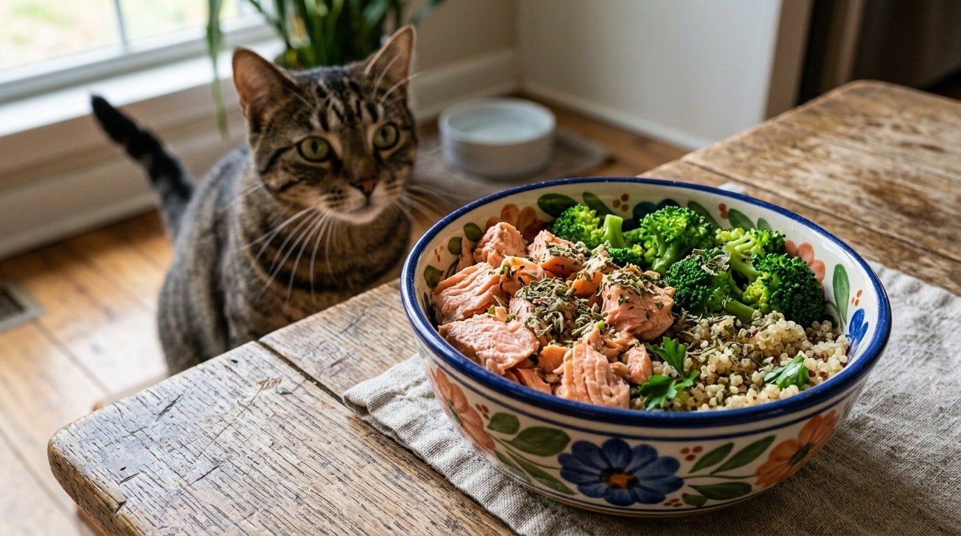 A bowl of salmon and broccoli homemade cat food garnished with catnip, with a curious cat in the background.