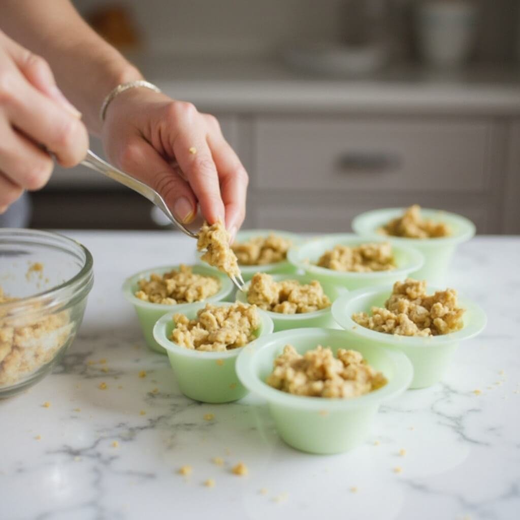 Coarse pâté cat food being portioned into silicone muffin molds on a marble countertop under soft, diffused lighting.