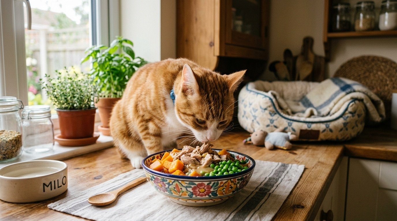 A cat eating a bowl of homemade quail and sweet potato dinner, warm and inviting kitchen setting.