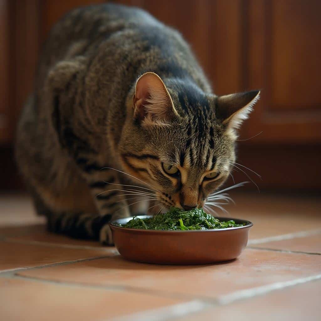 Senior tabby cat eating a homemade beef liver and spinach meal from a ceramic bowl on a tiled kitchen floor in warm, cozy light