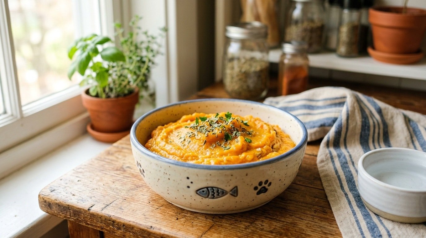 A colorful bowl of sardine and pumpkin mash for cats, garnished with catnip, set in a cozy kitchen.