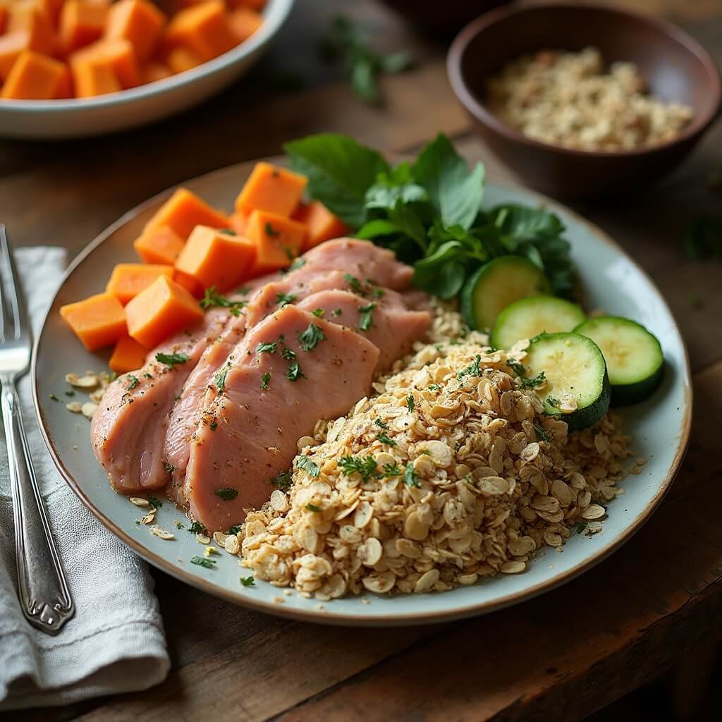 Ground turkey, oatmeal, yams, and zucchini ingredients laid out on a rustic wooden kitchen counter in natural light