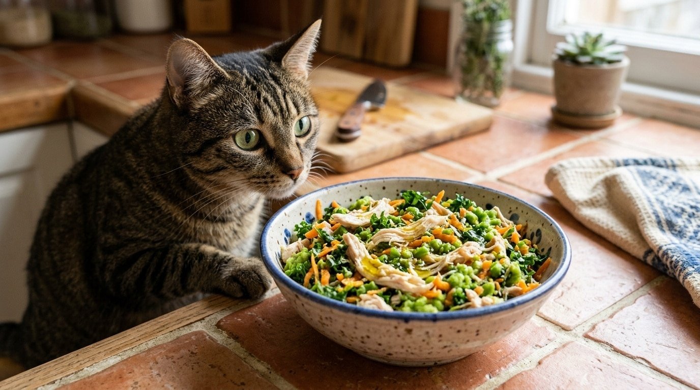 Homemade chicken & kale cat food in a bowl, with a curious cat nearby.