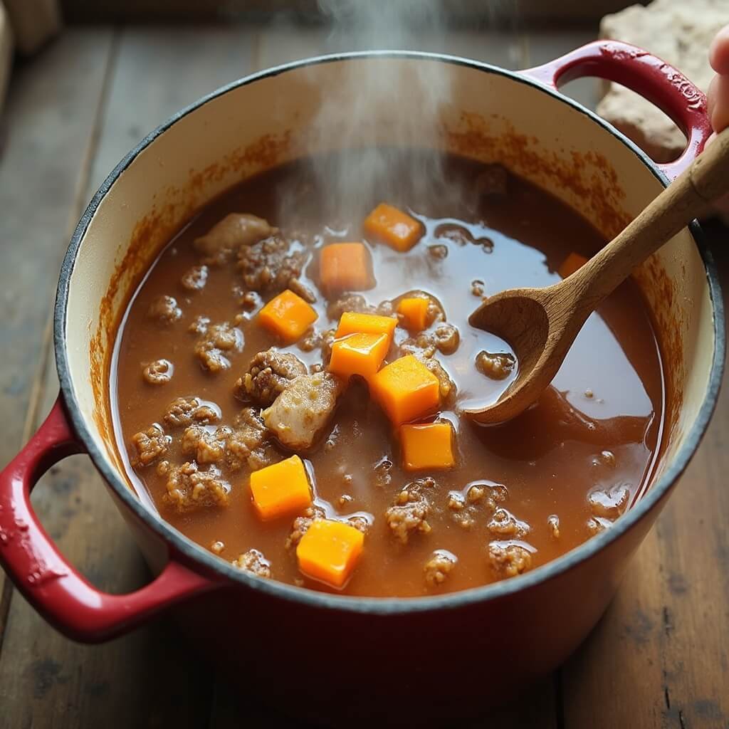 Large stock pot of simmering ground turkey and cubed yams in water with a wooden spoon stirring as steam rises.