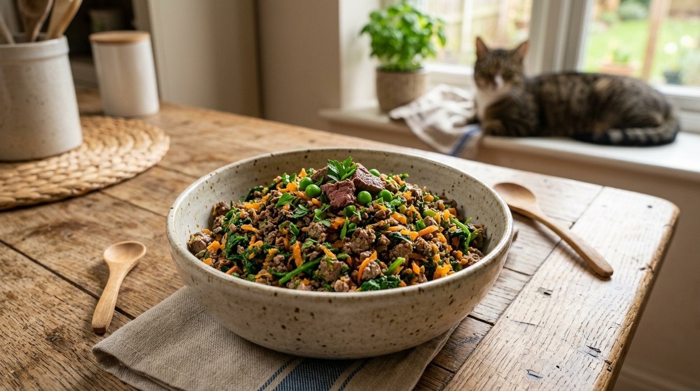 Bowl of homemade cat food with beef liver, spinach, and carrots.