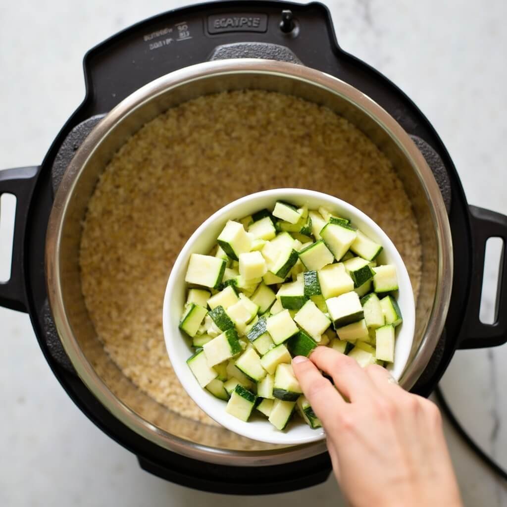 Rolled oats pouring into a hot pot topped with chopped zucchini, overhead view