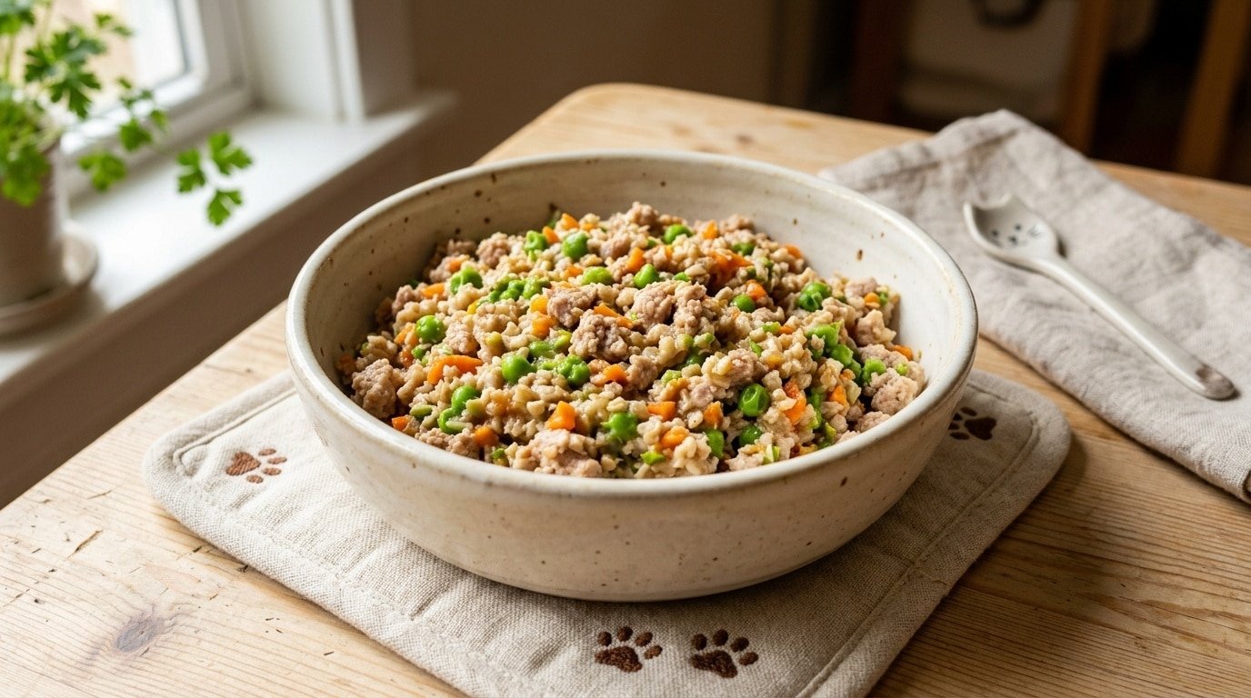 Freshly made turkey and oatmeal cat food in a bowl, garnished with colorful peas and carrots.