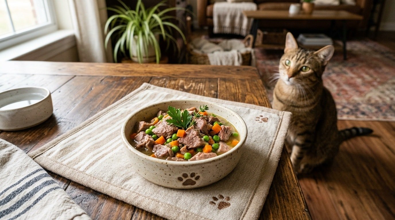 Bowl of duck and carrot cat food with fresh ingredients, creating an inviting meal for a cat.