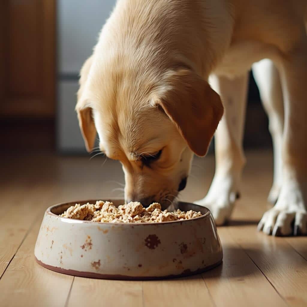 Happy senior Labrador mix eating homemade turkey oatmeal from a ceramic bowl on a kitchen floor