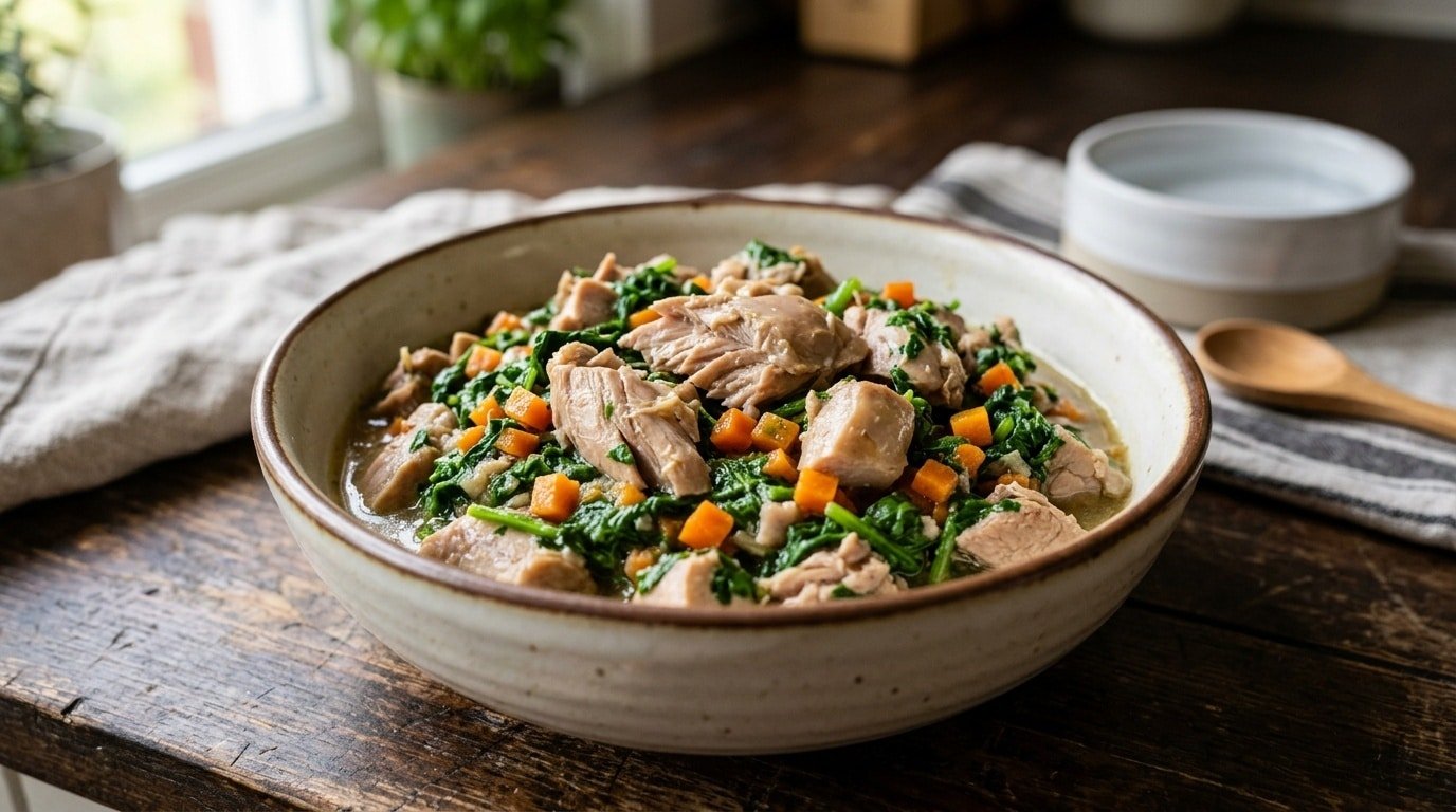 Homemade rabbit and spinach cat food in a bowl, featuring tender rabbit pieces with spinach and carrots.