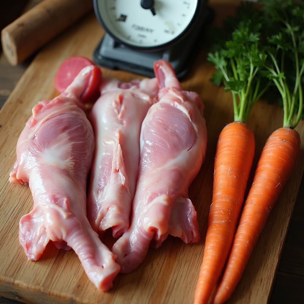 Raw duck breast, heart, liver, and carrots arranged on a wooden cutting board beside a kitchen scale, overhead in natural light