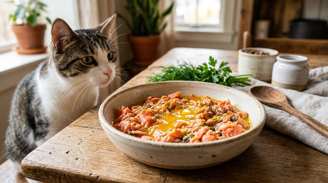 Bowl of homemade Salmon & Egg Yolk blend for cats, with a lively cat in the background, showcasing nutritious ingredients.