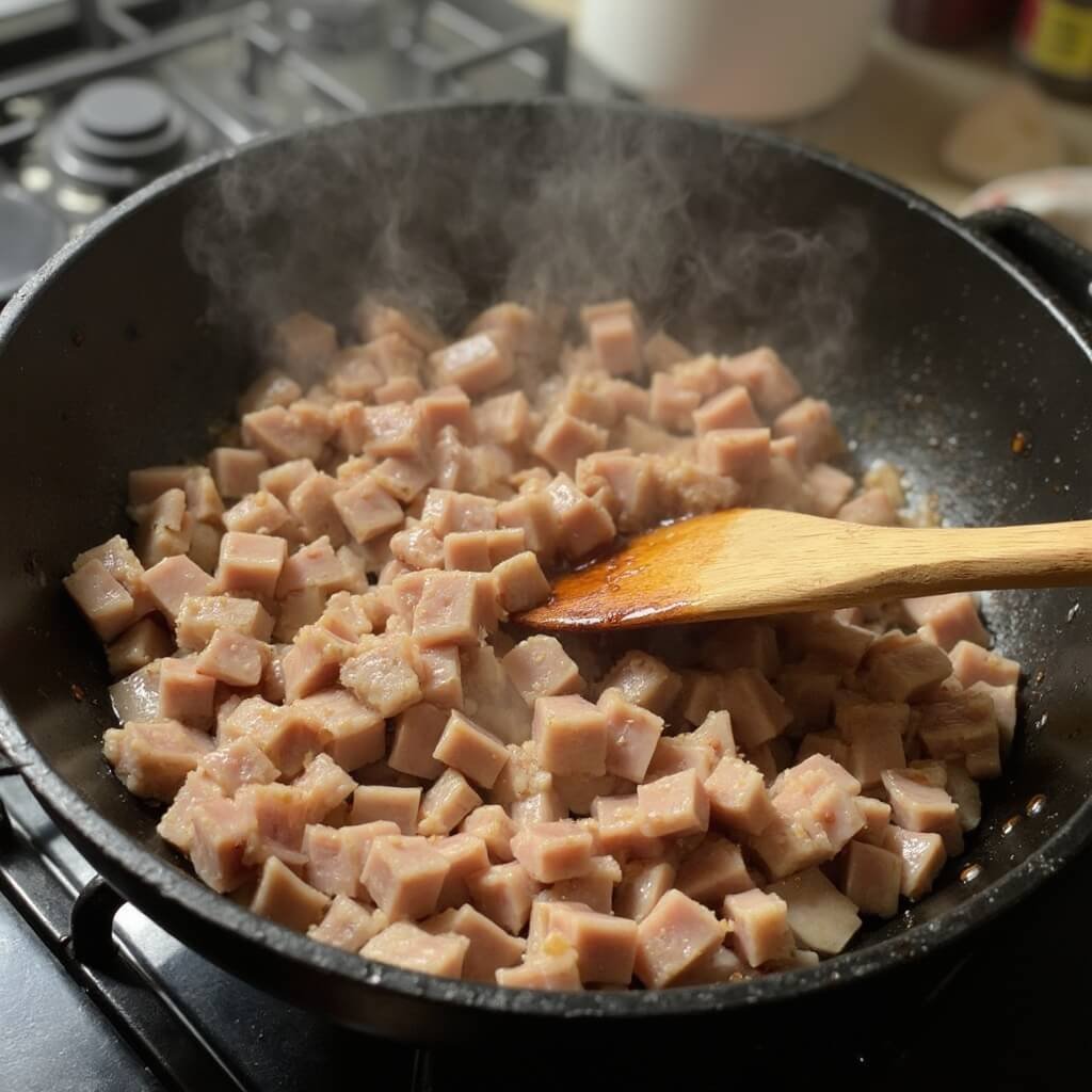 Diced duck meat cooking in a nonstick skillet on a stovetop, steam rising as a wooden spatula stirs over medium-low heat.
