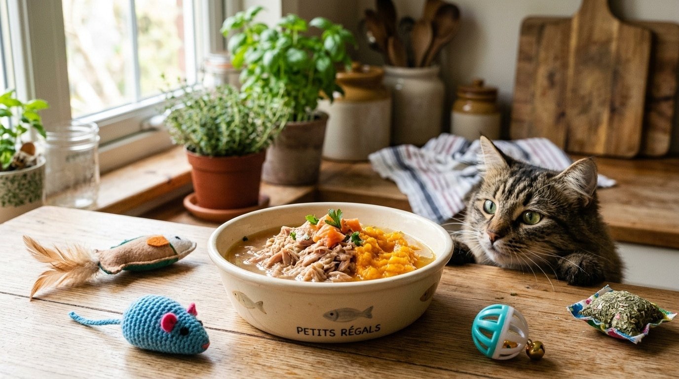 A bowl of Tuna & Pumpkin Hydration Bowl for cats, with shredded tuna and pumpkin puree, and a curious cat in the background.