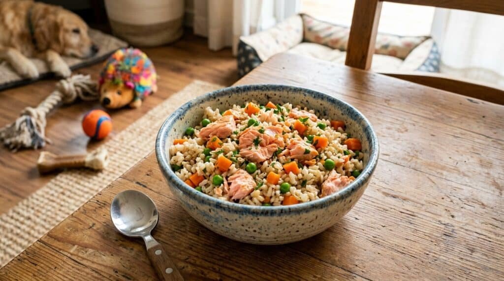 A bowl of homemade salmon and brown rice dog food with carrots and peas on a wooden table.