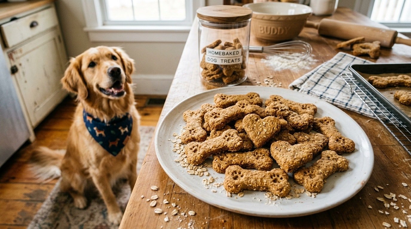 Homemade banana and honey dog biscuits on a plate, shaped like bones, with oats scattered around.