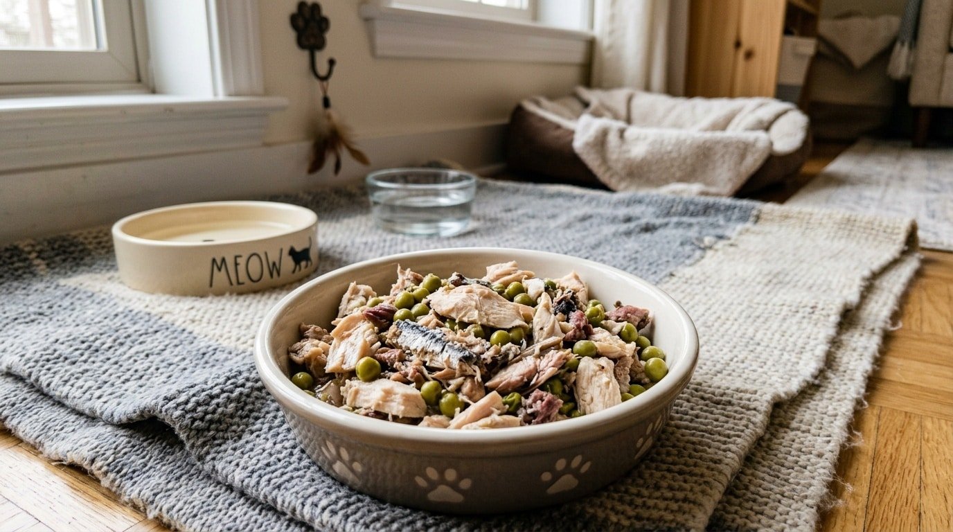 A bowl of chicken and sardine mix for cats, showcasing the ingredients ready for serving.