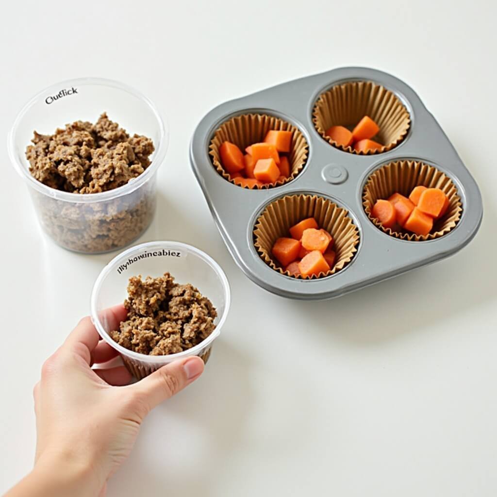Silicone muffin tray filled with portioned duck and carrot cat food ready for freezing, with labeled containers beside it