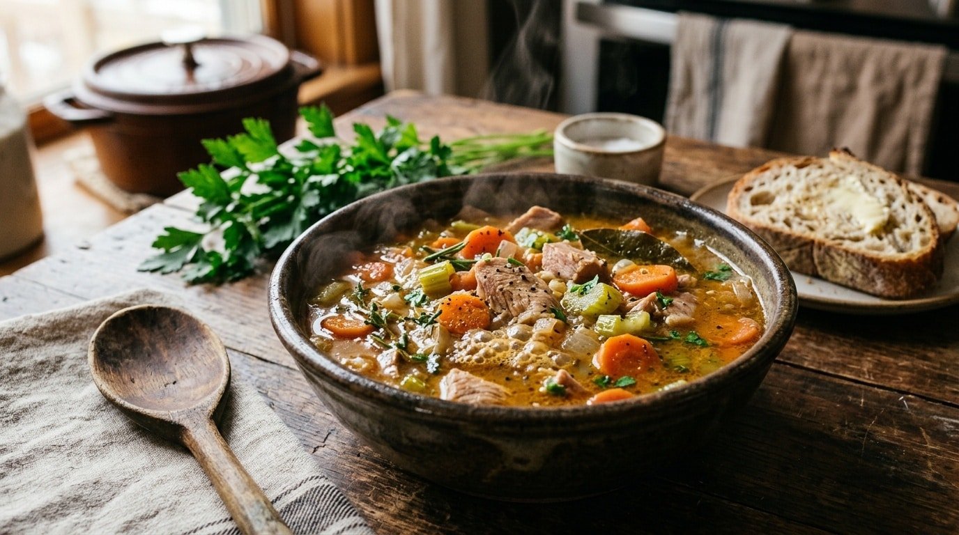 A bowl of turkey and bone broth stew with vegetables, garnished with parsley, on a wooden table.