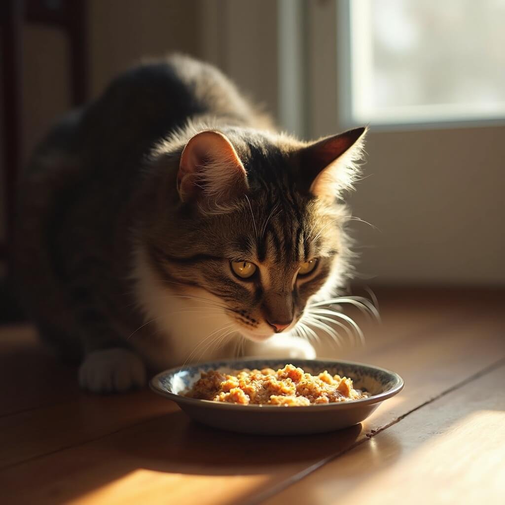 Senior tabby cat eating homemade duck pâté from a ceramic dish on a kitchen floor in soft morning light