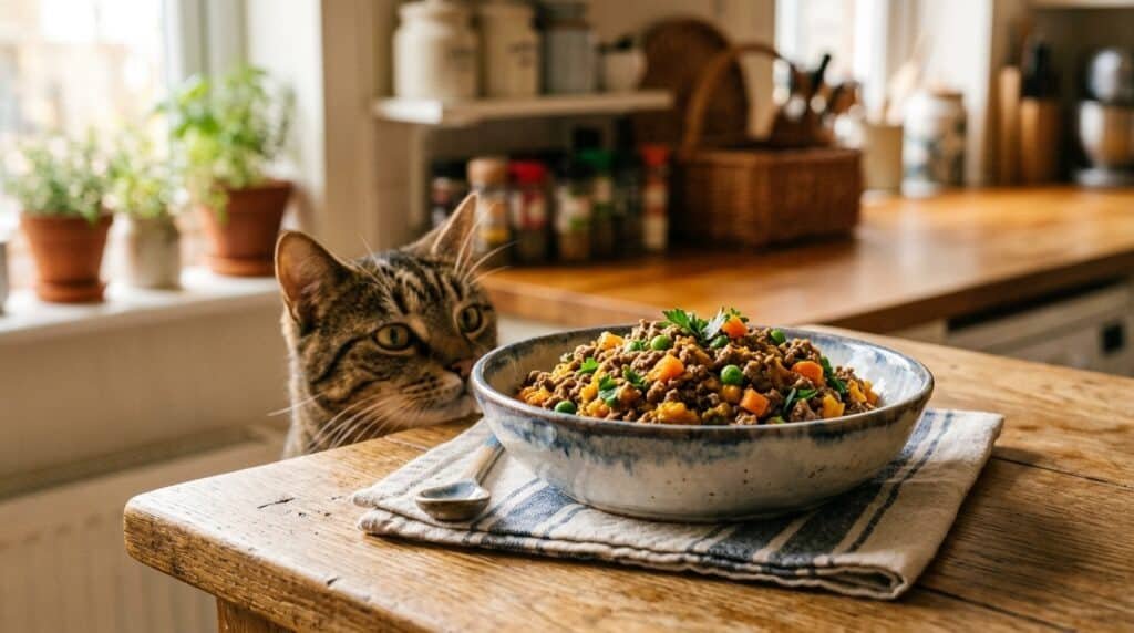 A healthy bowl of homemade venison and pumpkin cat food with peas and carrots, ready for a curious cat.
