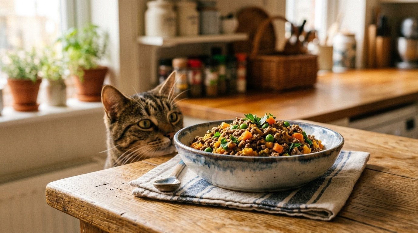 A healthy bowl of homemade venison and pumpkin cat food with peas and carrots, ready for a curious cat.