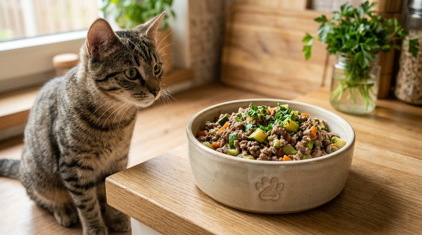 A bowl of homemade beef and zucchini cat dinner, enticing and fresh, with a cat nearby.