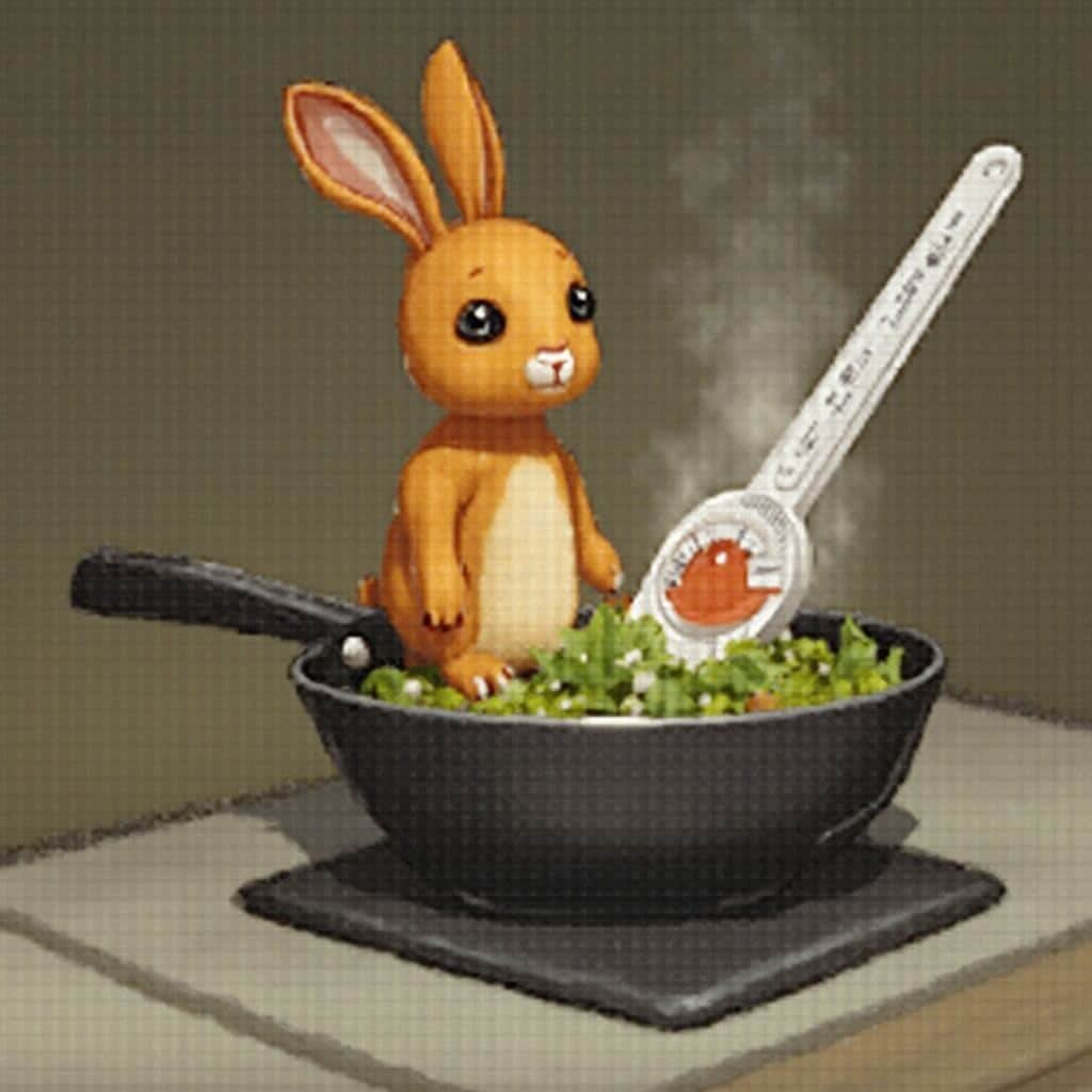 Cubed rabbit pieces cooking in a skillet while a thermometer checks the temperature.