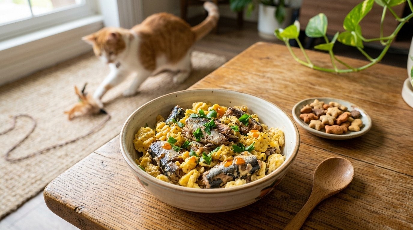 A bowl of sardine and egg cat meal with parsley, served on a table with a cat nearby.