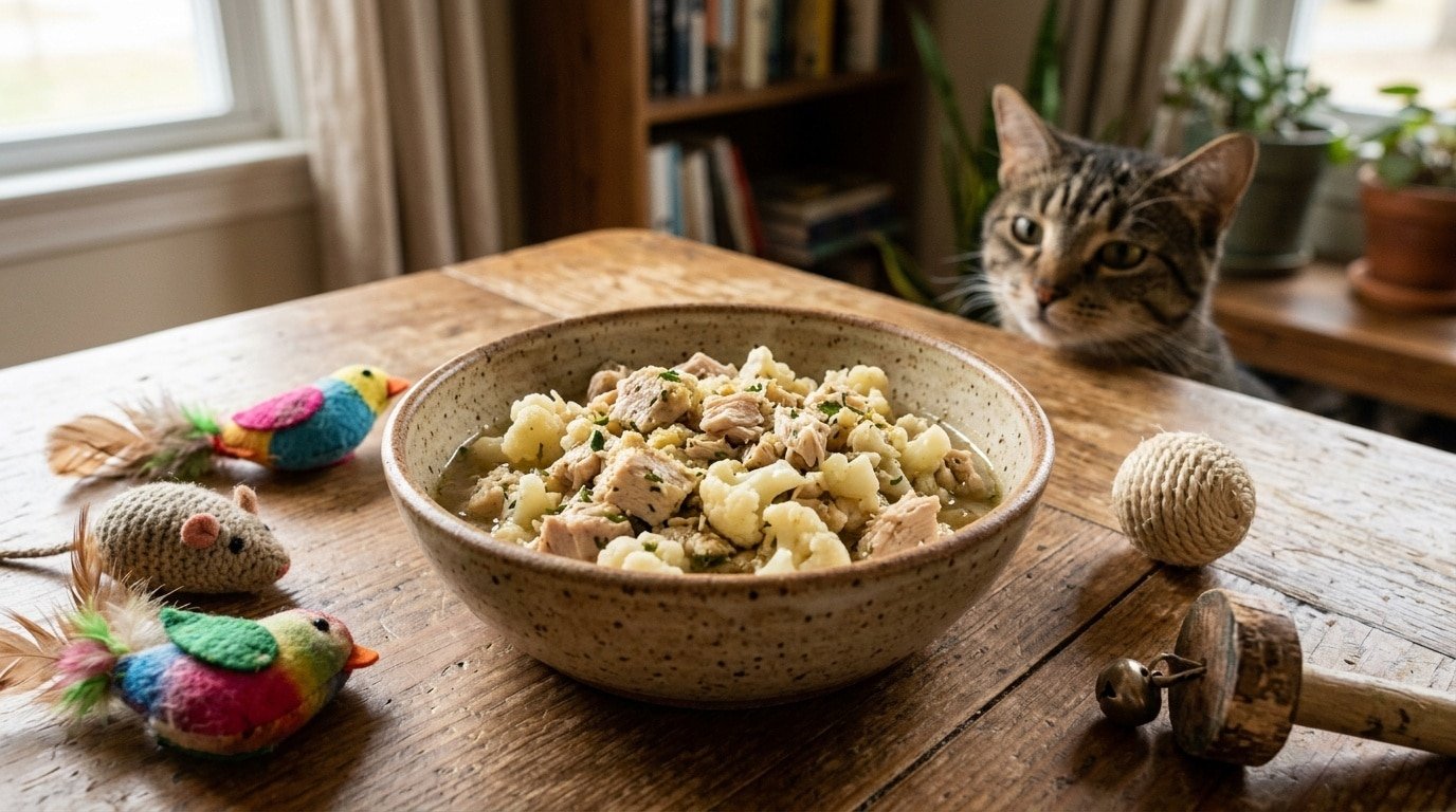 Bowl of homemade chicken and cauliflower cat food with a curious cat in the background.