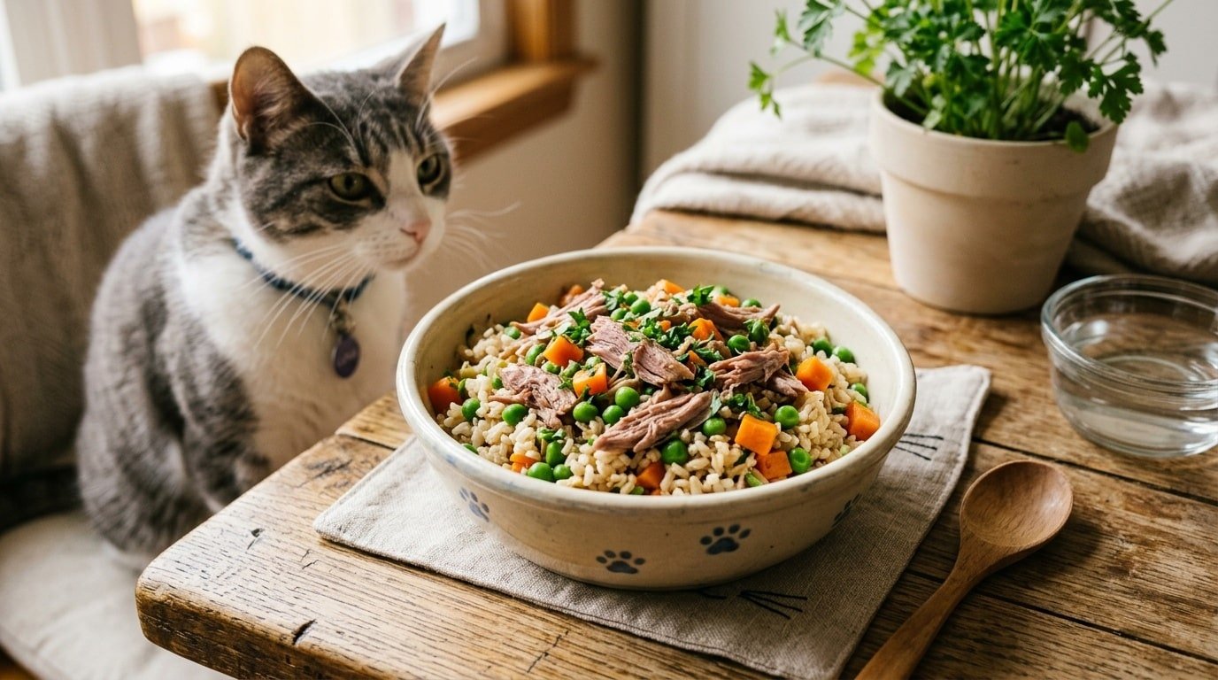 Bowl of duck and brown rice cat food garnished with vegetables on a wooden surface.