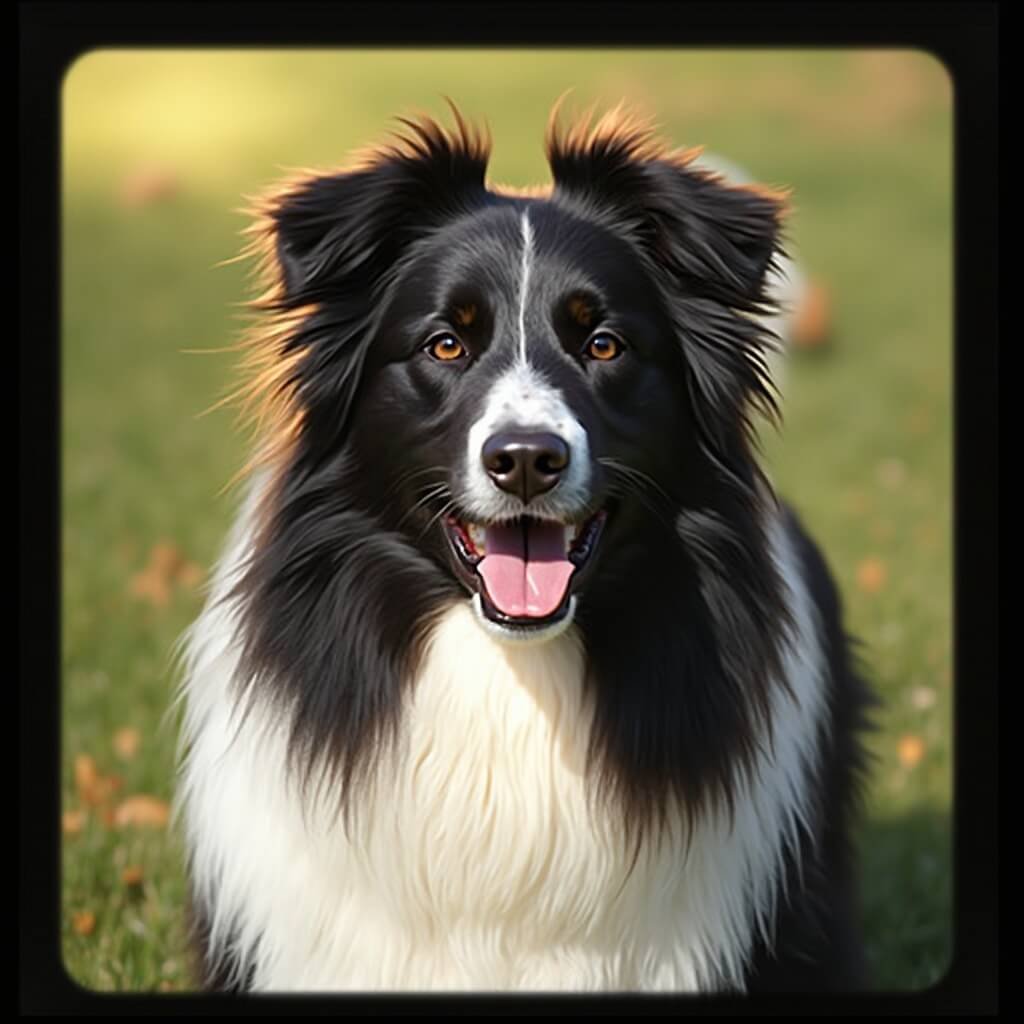 Close-up of a glossy black Border Collie coat in sunlight.