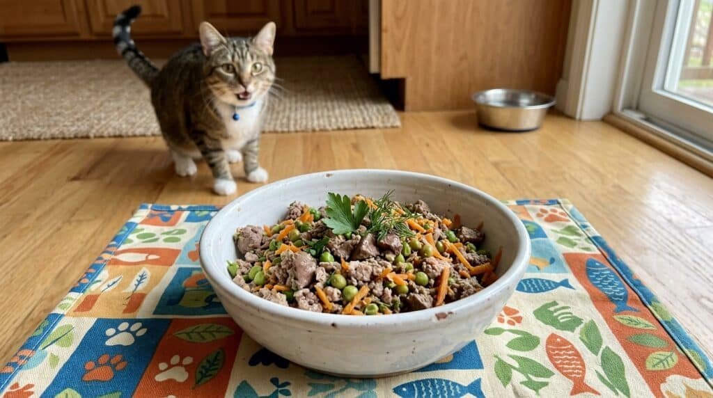A bowl of rabbit meat and liver dish for cats, with peas and carrots, on a pet-friendly mat.