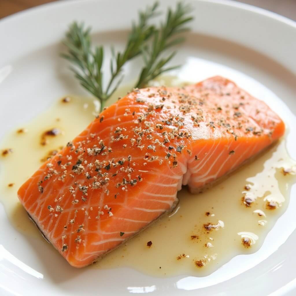 Flaked wild salmon fillet cooling on a white plate