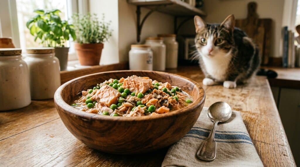 A bowl of homemade salmon and green pea cat food blend, with salmon flakes and green peas, ready for serving to a cat.