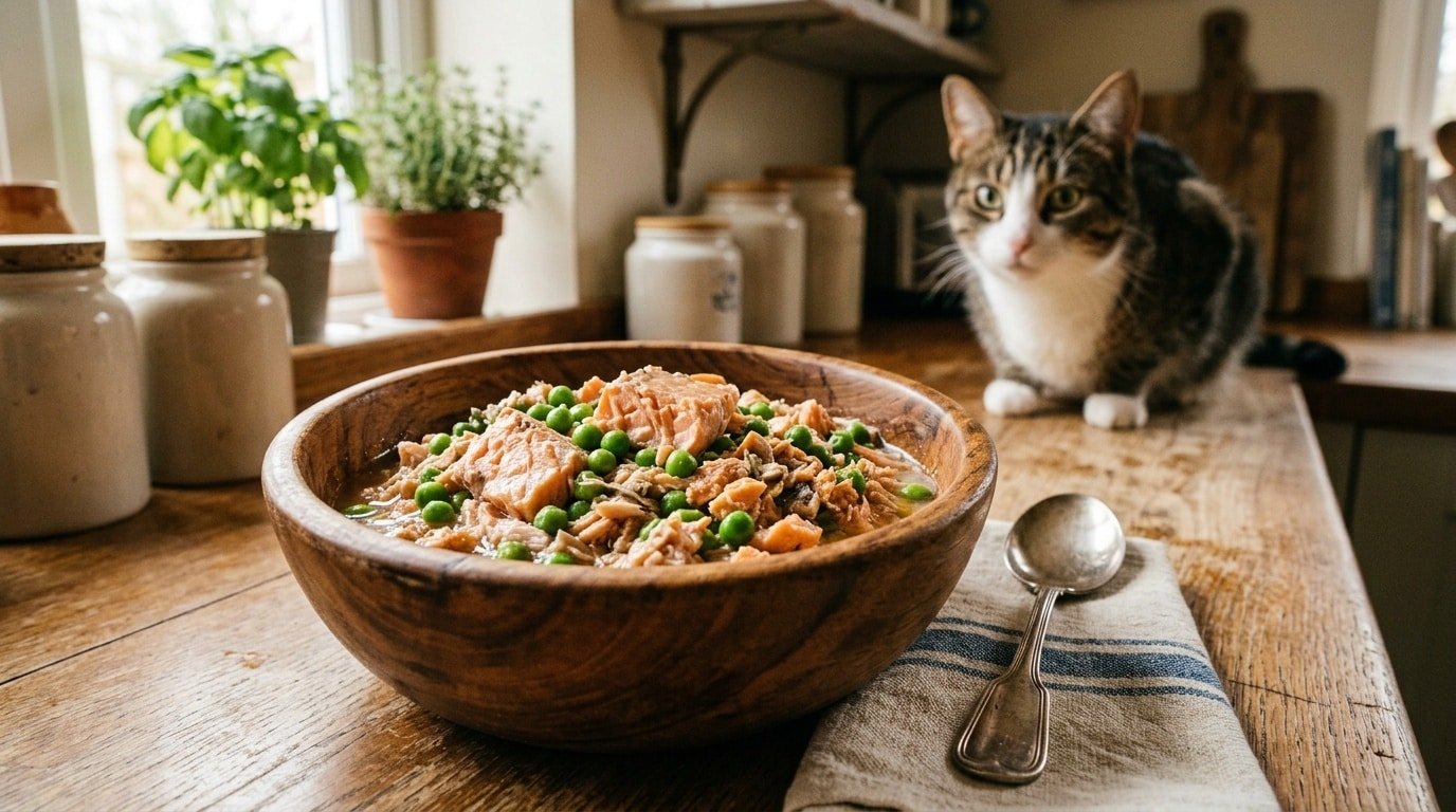 A bowl of homemade salmon and green pea cat food blend, with salmon flakes and green peas, ready for serving to a cat.