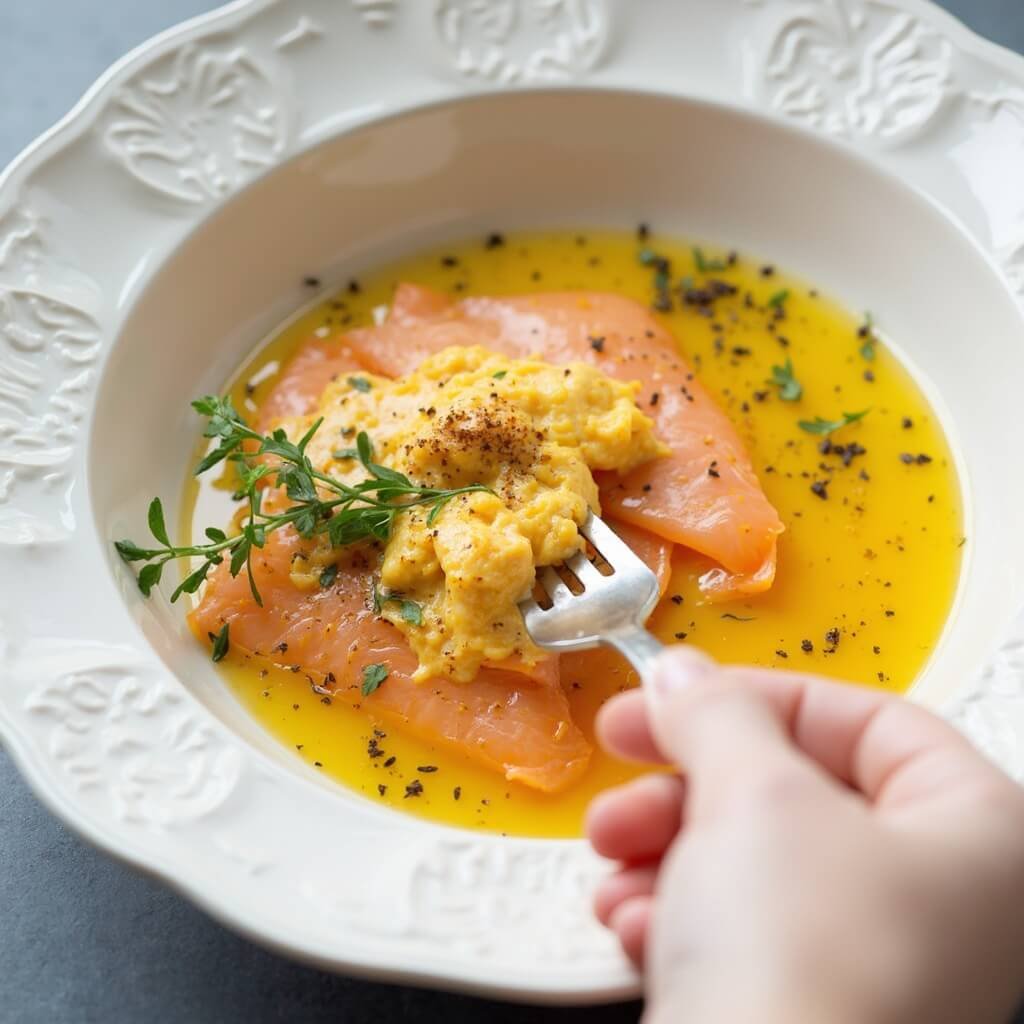 Fork mixing salmon pâté with egg yolks in a bowl, creating a pale orange mixture.